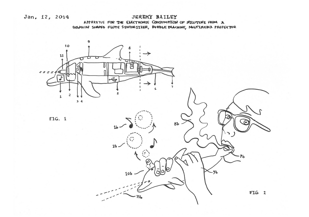 Apparatus for the Electronic Consumption of Nicotine from a Dolphin- Shape Flute Synthesizer, Bubble Machine, Multimedia Projector (2014)